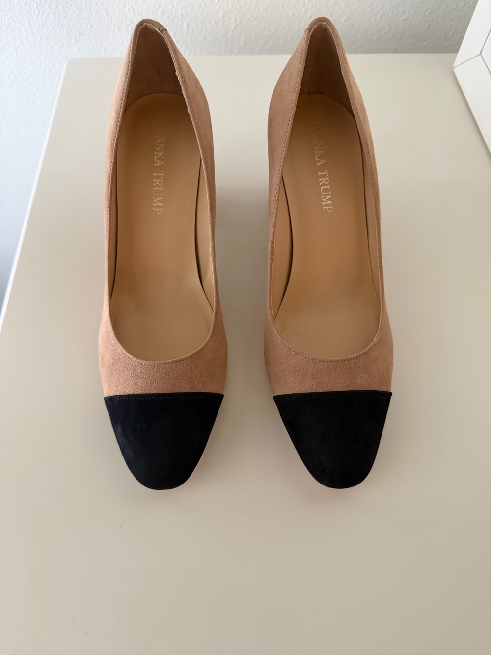 Ivanka Trump Two-Tone Suede Pumps in Beige and Black Cap Toe - Picture 2 of 7